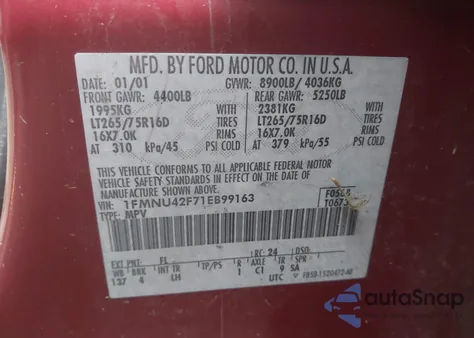 2001 Ford Excursion Limited z USA, uszkodzony, nr VIN 1FMNU42F71EB99163